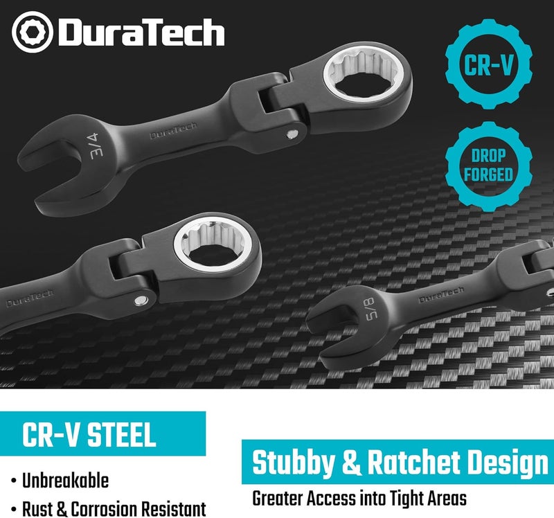 DURATECH Stubby Flex-head Ratcheting Combination Wrench Set, SAE, 8-piece, 5/16" to 3/4", CR-V Steel, Black Electrophoretic Coating, with Rolling Pouch - Image 5